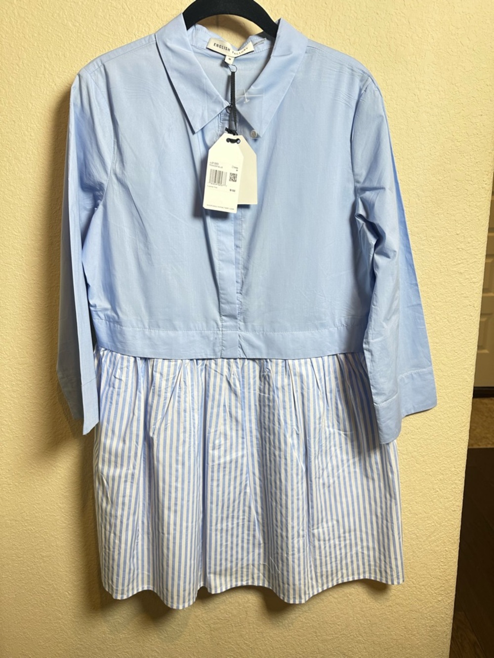 English Factory Powder Blue Collared Long-Sleeve Dress with Striped Skirt